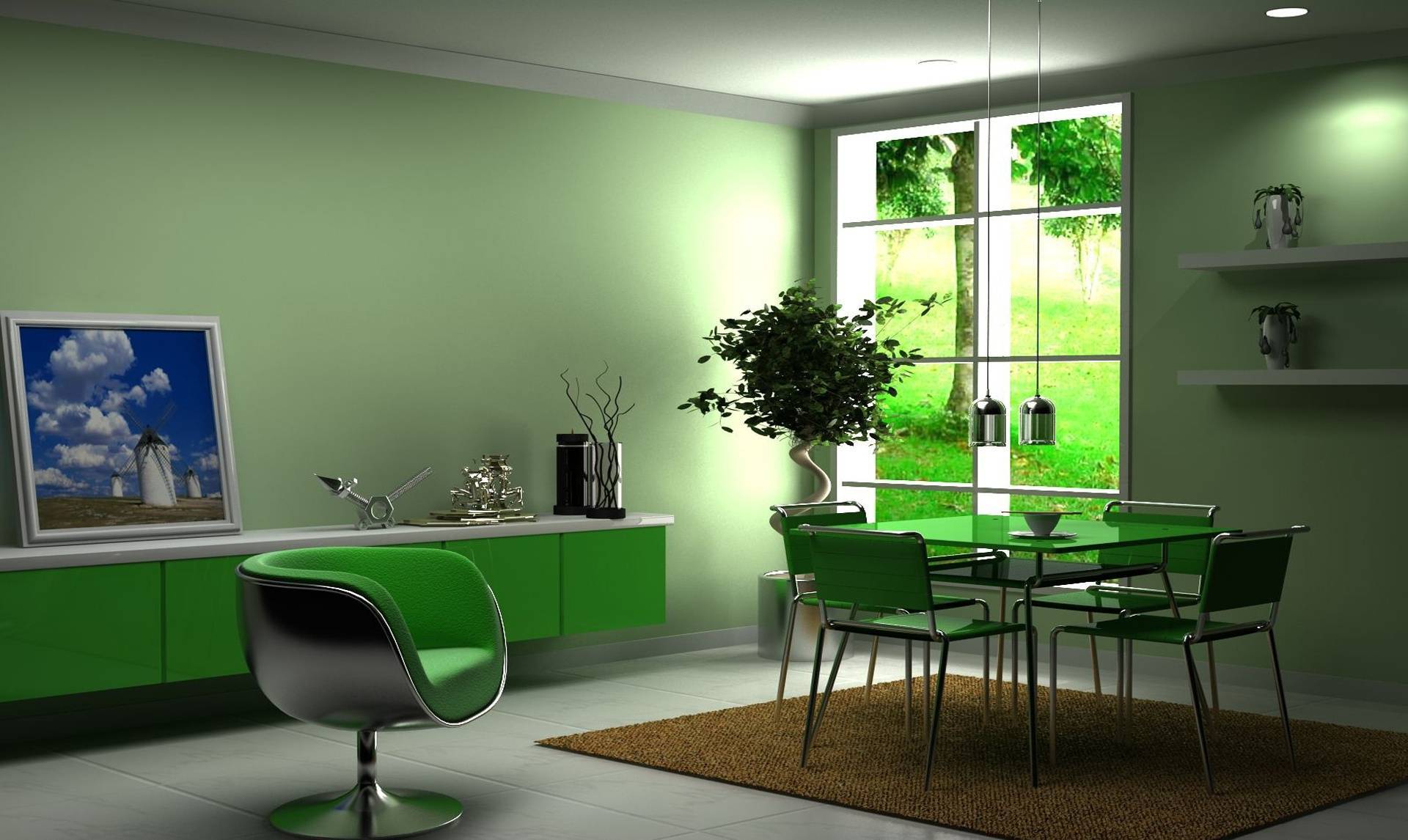 Зеленые обои дизайн в комнате