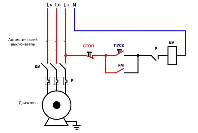 Эл схема подключения эл двигателя 380 через пускатель