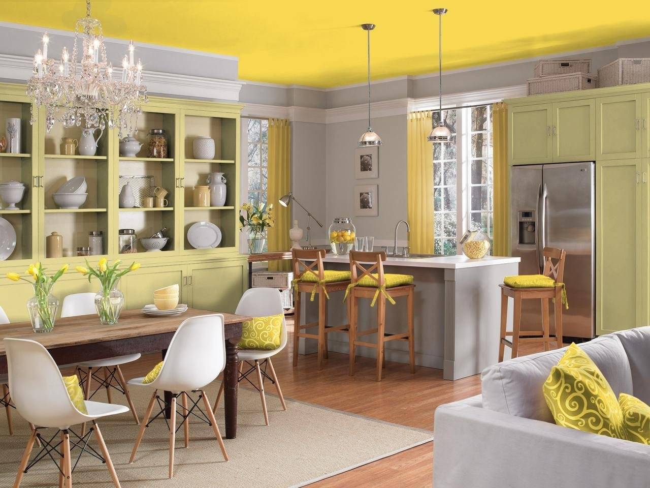 Горчичная столовая. Желтая кухня в интерьере. Лимонный цвет в интерьере кухни. Желтые стены на кухне. Кухня лимонного цвета.
