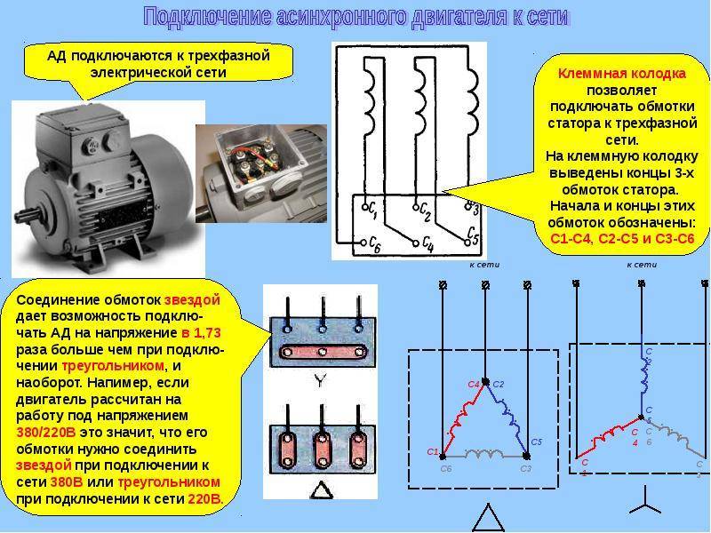 Схема подключения трехфазного электродвигателя к трехфазной сети