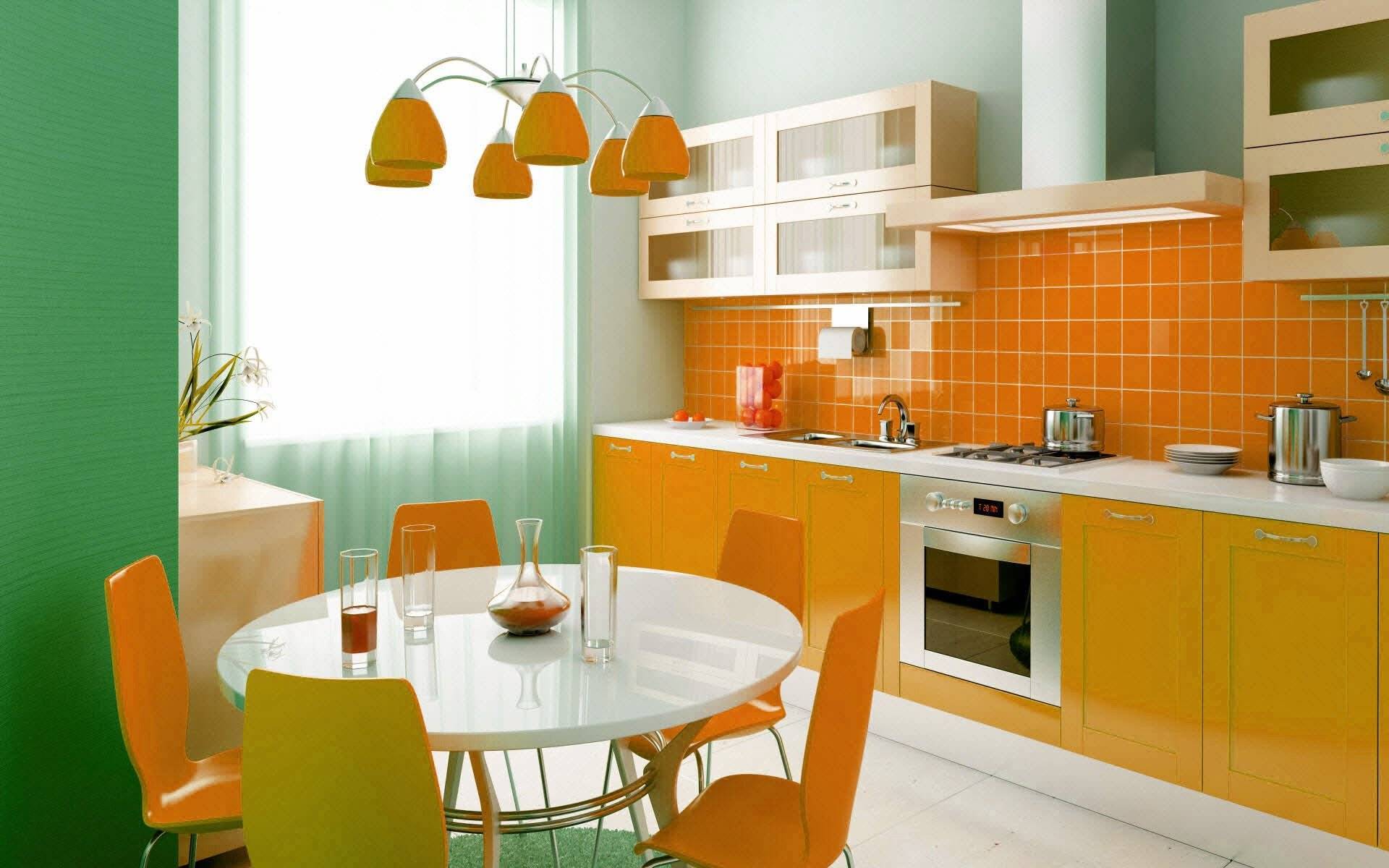 Оранжевые обои на кухне + фото