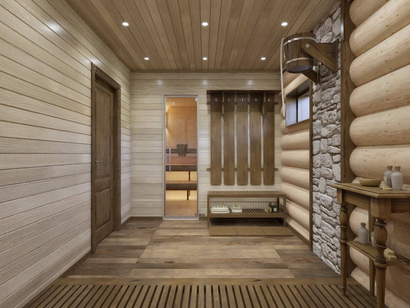 внутренняя отделка комнаты отдыха в бане в современном стиле