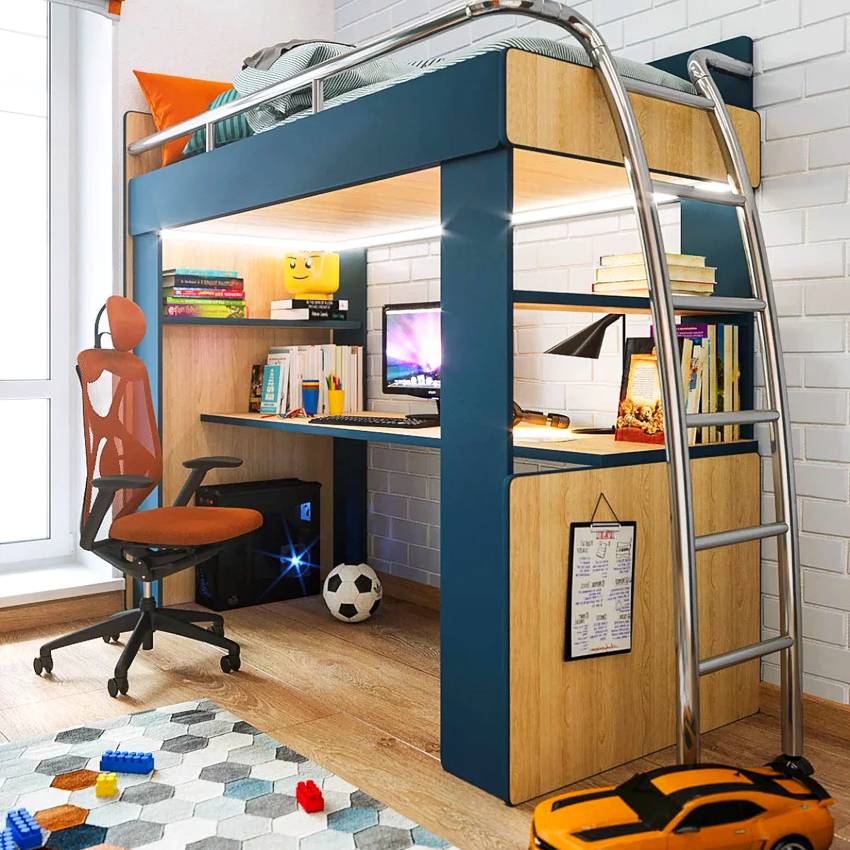 Кровать-чердак с рабочей зоной для подростка: особенности мебели