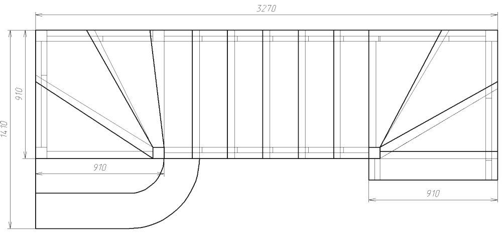 Лестница с забежными ступенями с поворотом на 90 чертеж