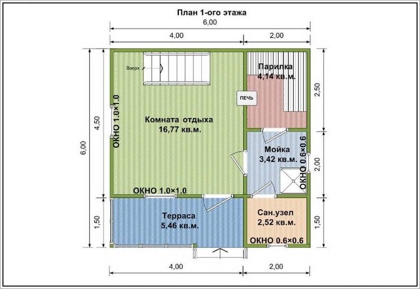 Проект бани 6х6 с комнатой отдыха и террасой