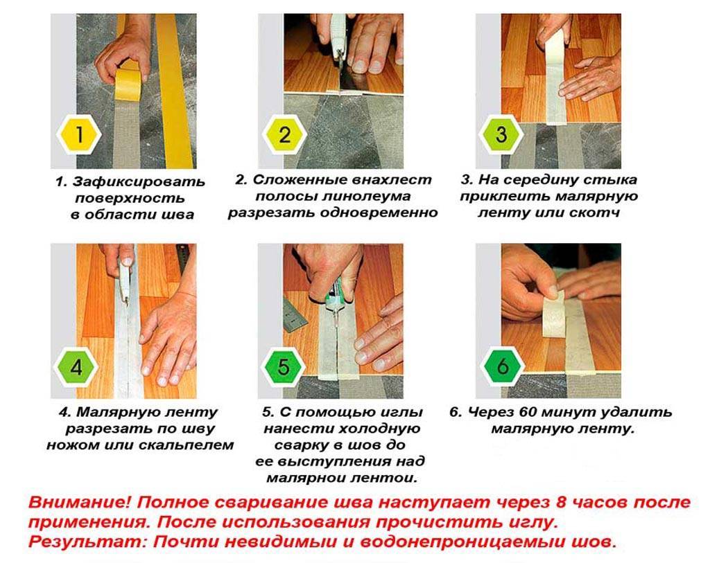 Пошаговая инструкция по применению. Стык линолеума холодной сваркой. Склейка линолеума холодной сваркой. Шов на линолеуме после холодной сварки. Линолеум стыковка швов холодная сварка.