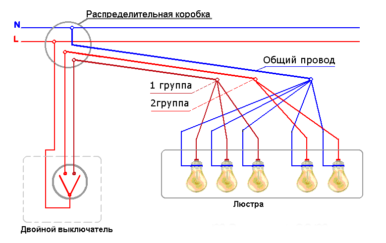 Подключение люстры к двойному выключателю на 2,3,4,5 и 6 лампочек
